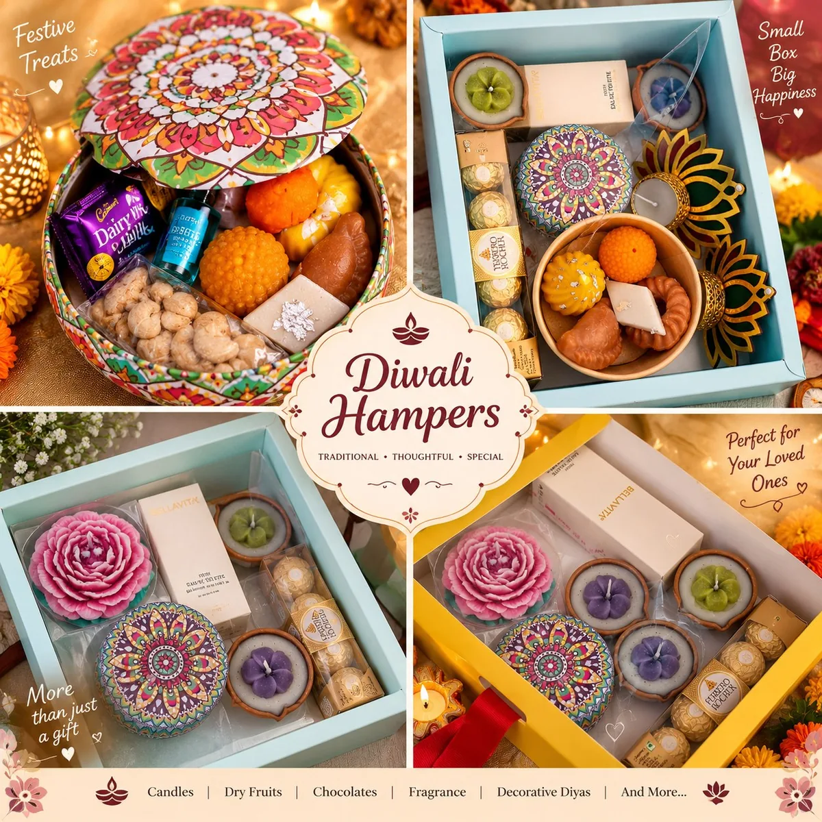 Collage of Diwali hampers with candles, sweets and chocolates