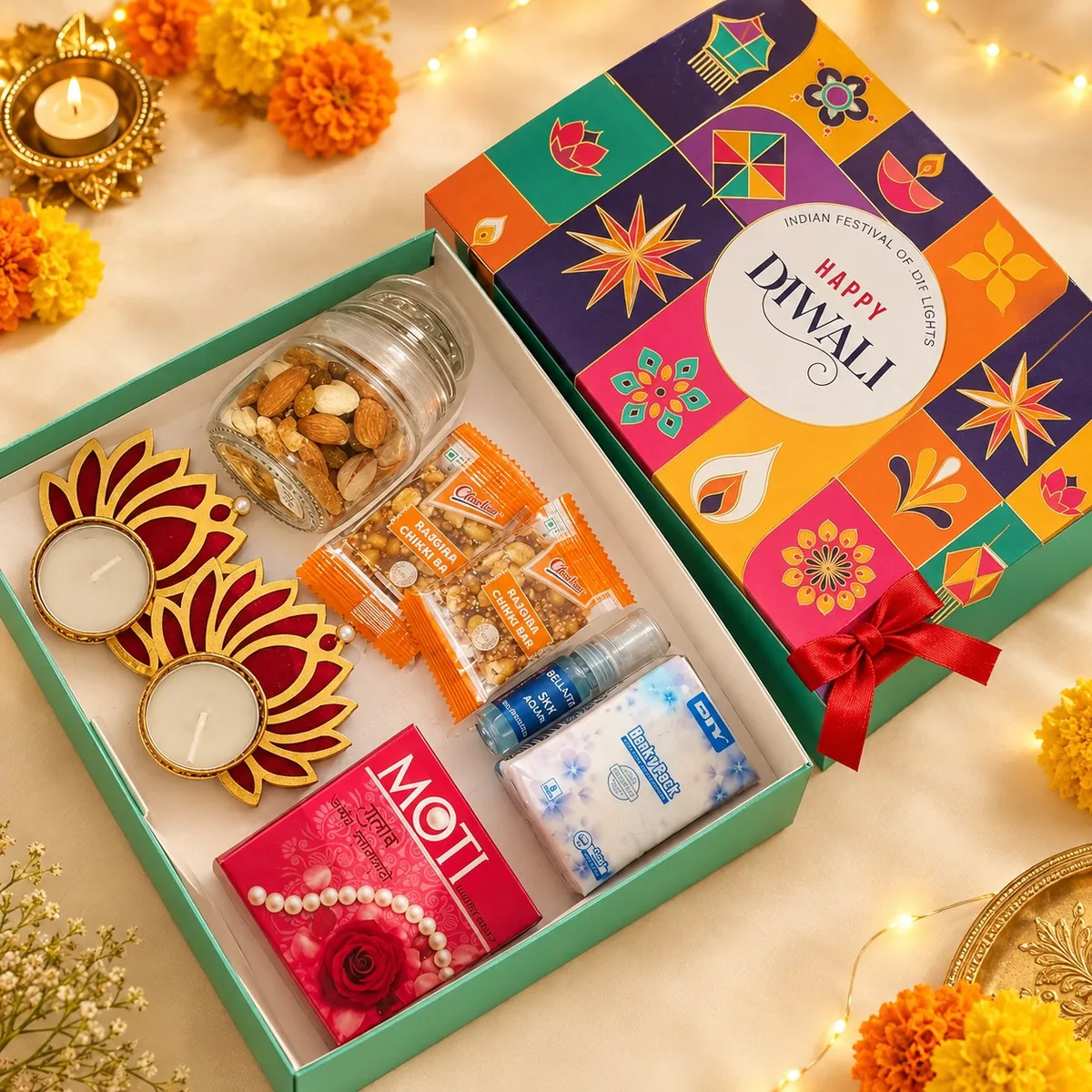 Diwali gift hamper with candles, diyas, dry fruits and sweets in a festive box