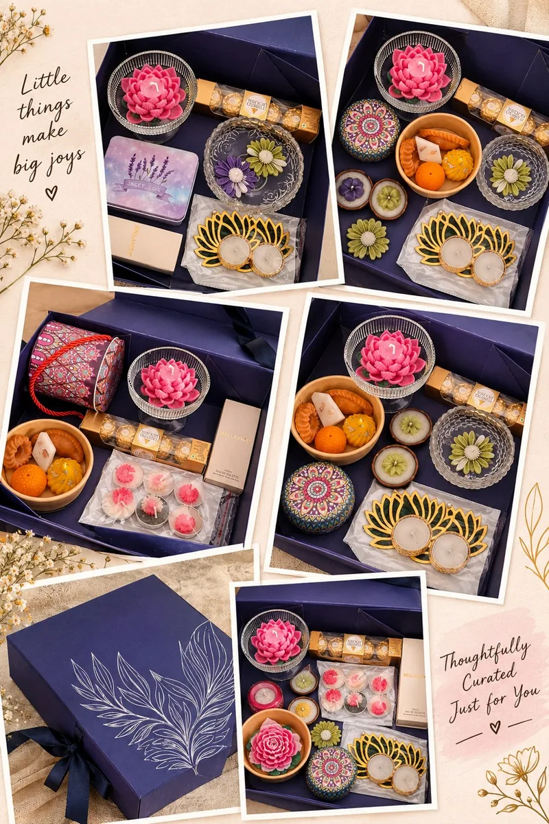 Navy gift boxes with lotus candles, diyas and sweets