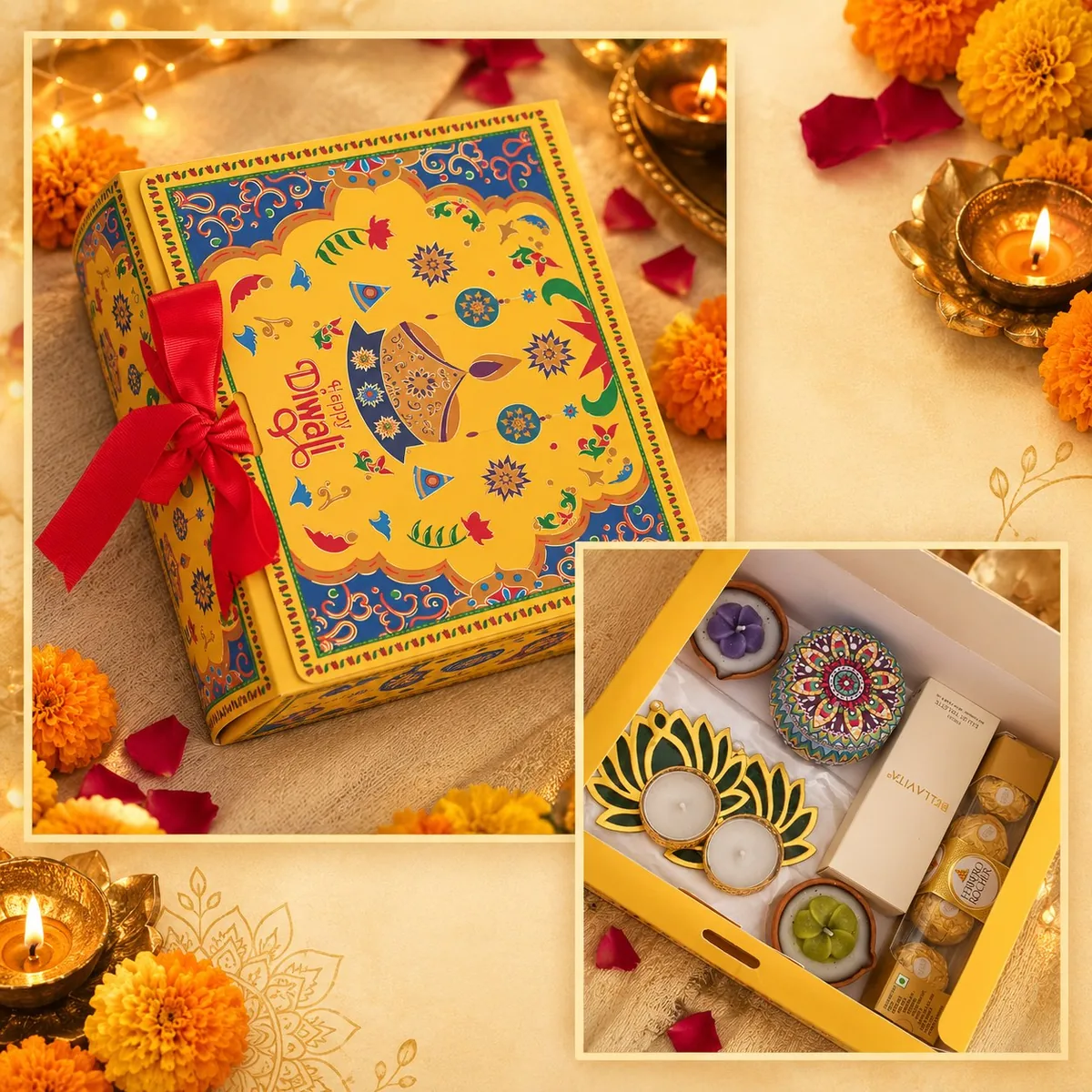Yellow Diwali gift box with candles and chocolates