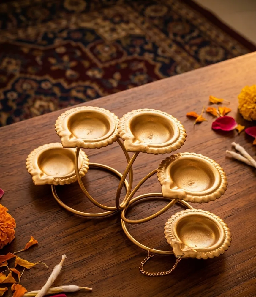 Golden Five-Diya Decorative Stand by MM BloomCraft