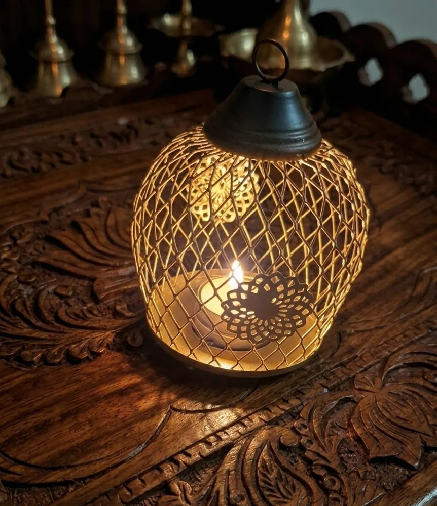 Golden Lattice Candle Lantern by MM BloomCraft